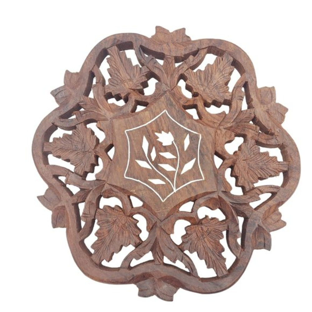 Vintage Carved‎ Wooden Trivet 70s Plant Stand Floral Inlay India Handmade Leaves